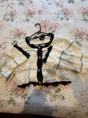 Vici Cream Knit Cardigan with Black Trim and Button Accents